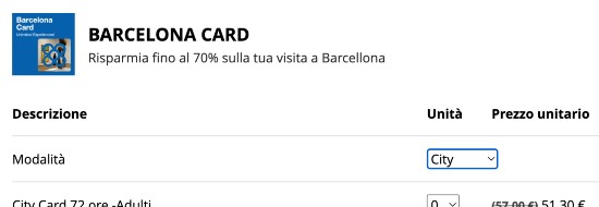 Schermata della procedura di acquisto Barcellona Card con selezione modalità City / Essential