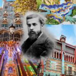 Collage fotografico delle opere di Gaudì sovrapposte con uno scatto fotografico di Gaudì stesso al centro