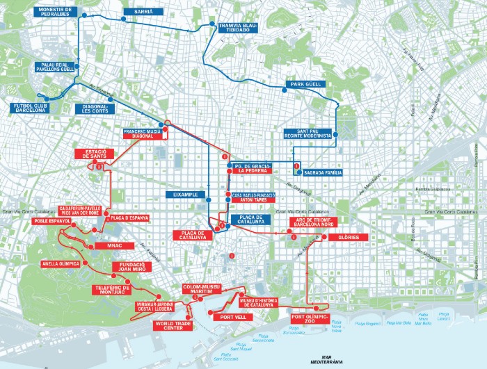 Mappa percorsi e fermate bus turistico Barcellona