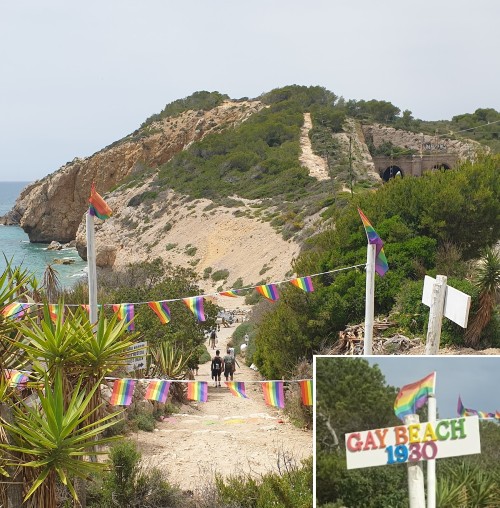 il sentiero verso Playa del Muerto, con le bandiere arcobaleno e la scritta Gay Beach 1930