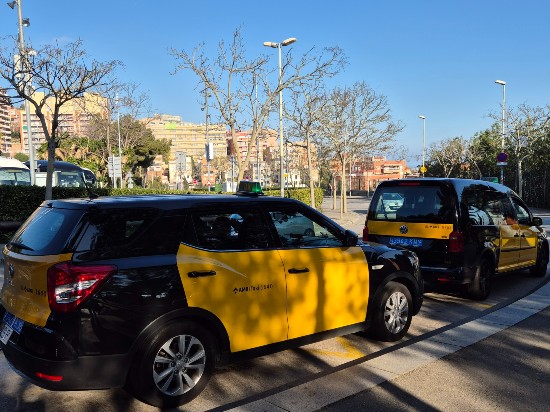 Taxi gialli e neri in attesa in fila ai margini della strada
